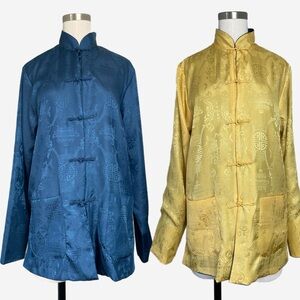 Eastern Collection Reversible navy yellow mandarin collar damask tang jacket L